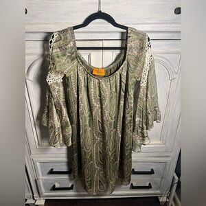 Y2K Voom By Joy Han Green Paisley Crochet Lace Bell Sleeve Mini Dress Boho Flowy